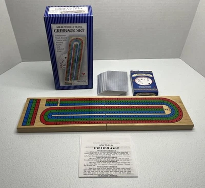 Solid Wood 3 Track Cribbage Board Game Set w/ Cards & Pegs Complete - Image 1 of 4
