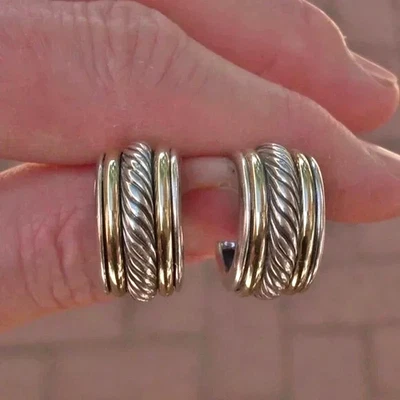 Retired David Yurman Cable Classic Hoop Earrings - 14K/925 - DY Backs - Image 1 of 4