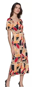 KARL LAGERFELD PARIS Geo-Print Square-Neck Puff-Sleeve Maxi Dress Women's 12 - Picture 1 of 4