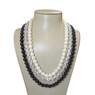 女士 Statement 串珠三股黑色、透明和人造珍珠项链全新无标签 — 第 1/3 张图片