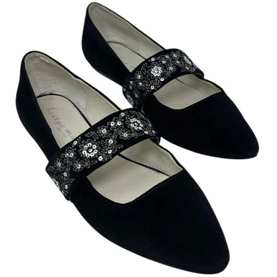 Bettye Muller Black Velvet Pointed Toe Flats Sequins Floral Embroidery Womens 7M - Image 1 of 4