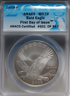 2008-P Bald Eagle Commemerative Silver Dollar ANACS MS70 FDOI, #601. Toned. 0190 - Image 1 of 4