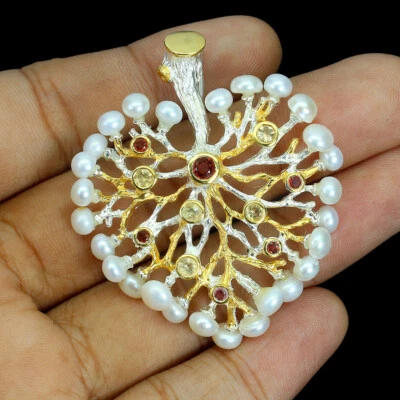 925 Pendente Argento Sterling Barocco Perla Citrino Mozambico Granato Gemma - Immagine 1 di 4
