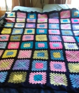 80s Afghan Rosanne Granny Square Crochet Throw Blanket Boho Black Multi 65x53  - Picture 1 of 6