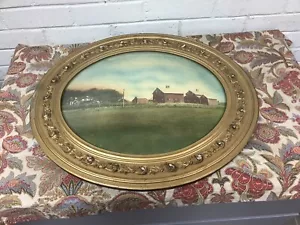 ANTIQUE VTG CONVEX GLASS OVAL FARMSTEAD PICTURE GOLD GESSO FRAME 21 7/8 X 18 3/4 - Picture 1 of 15