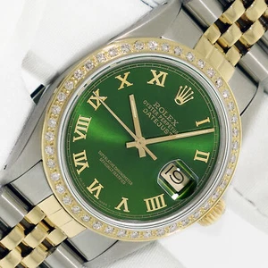 Rolex Mens Datejust Green Roman Watch Diamond Bezel Steel and Yellow Gold Watch - Picture 1 of 10