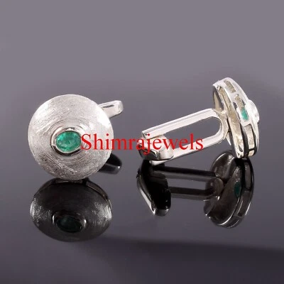 Gemas de esmeralda cultivadas en laboratorio con gemelos de plata chapados en oro blanco de 18 k #260 Foto 1 de 4