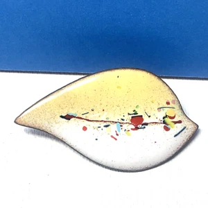 Vintage Artisan Enamel Brooch Pin Leaf Shape Yellow White - Picture 1 of 24