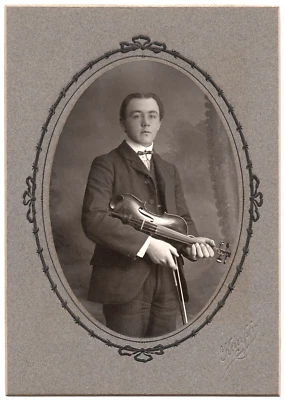 Handsome Yound Man with Violin and Bow, Ornate Border Cabinet Card, Early 1900's - Image 1 of 3
