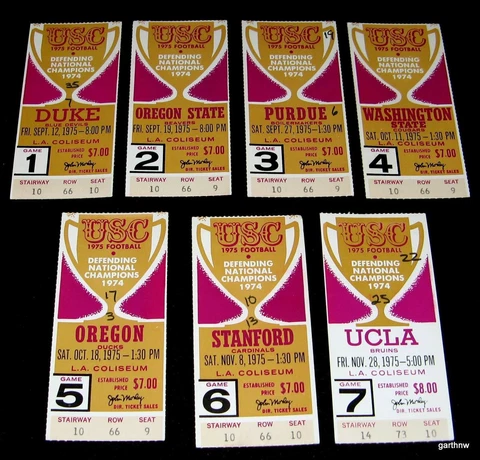 USC 1975 FOOTBALL 7 GAME TICKETS SET TROJANS DUKE PURDUE UCLA STANFORD OREGON ++ Cover
