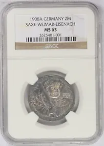 1908 2 Mark German States Saxe Weimar Eisenach NGC MS63 KM# 219 - Picture 1 of 2