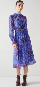 LK Bennett Louise Blue Naive Floral Print Midi Dress size 14 RRP 349 - Picture 1 of 12