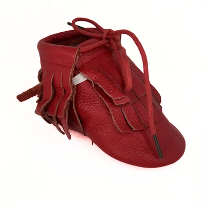 Cherry Red Leather Moccasins Fringe Baby Booties Size Infant 9 months (5 inches) - Image 1 of 4