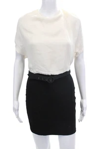 Alice + Olivia Womens Short Sleeve Scoop Neck Belted Silk Dress White Black 10 - Picture 1 of 6