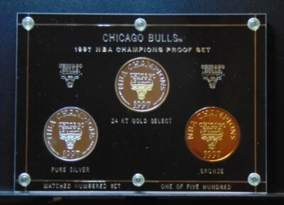 CHICAGO BULLS '97 ENVIROMINT ROUNDS 999 SILVER 3 COIN NBA CHAMPIONS PROOFS 1/500 - Image 1 of 2