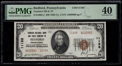 1929 $20 BEDFORD PA NBN PMG 40 FR. 1802-2 CH. 11188 SCARCE TYPE 2! - Image 1 of 4