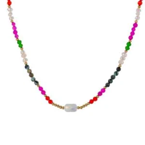 Multicolored Beaded Natural Stones, Pearls Stainless Steel Necklace - Picture 1 of 3