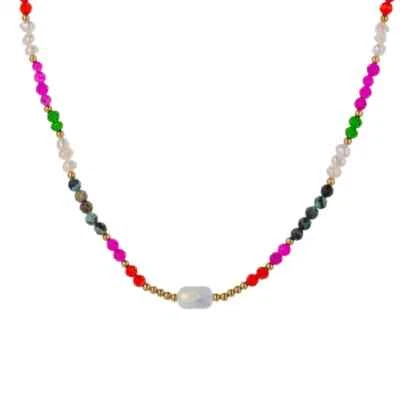 Multicolored Beaded Natural Stones, Pearls Stainless Steel Necklace - Image 1 of 3