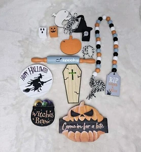 12PCS Halloween Tiered Tray Decor Set Cute Wooden  DIY Table Decorations  - Picture 1 of 4