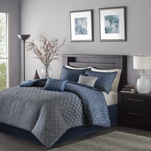 Silky Ombre Silver Navy Purple Jacquard 7 pcs Cal King Queen Size Comforter Set - Picture 1 of 18