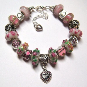 I LOVE YOU MOM EUROPEAN MURANO GLASS BEADS CHARM BRACELET MOTHERS DAY HEARTS - Picture 1 of 4
