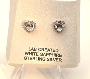 Sterling Silver Heart Stud Earrings Lab Created White Sapphire Thailand - Picture 1 of 7