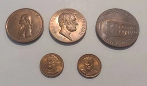 5 Copper souvenir Medallions Coins Lincoln, Jefferson, Edison, Washington, US Mi - Picture 1 of 2