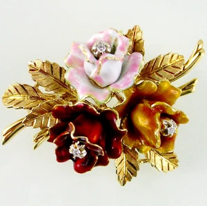 750 GOLD BROSCHE MIT BLUMEN ROSEN DIAMANTEN EDLE EMAILLE VINTAGE SCHMUCK DAMEN - Bild 1 von 10