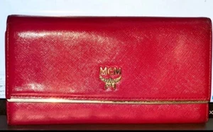 Red Wallet MCM Leather Bifold Checkbook ID Cards Holder Change Purse Billfolder - Picture 1 of 9