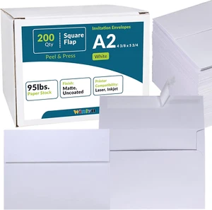 200 Pcs Bulk A2 Invitation Envelopes in White Peel & Press Self Seal 4 3/8 X 5 3 - Picture 1 of 12