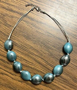 Teal Blue Green Metallic Flat Bead Necklace with Rope Cord Adjustable 18" or 19" - Picture 1 of 3