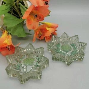 Pair Of Thistle Ash Trays Scottish Glass Reverse Painted Star Shaped Retro 1938. - Picture 1 of 9