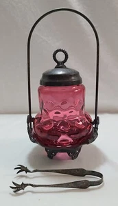 Antique Silverplate Pickle Castor Set with Ruby Cranberry Insert Lid & Tongs - Picture 1 of 17