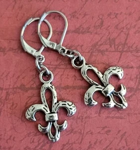 Fleur De Lis Charm Earrings, Stainless Steel Lever Back Ear wires - Picture 1 of 7