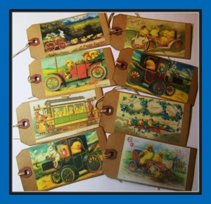 PRIMITIVE STYLE EASTER BUNNIES AND CHICKS HANG TAGS - SET OF EIGHT - Picture 1 of 4