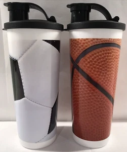 2 Tupperware Sports Tumblers 16 oz Flip Top Black Seals Soccer Basketball New - Picture 1 of 7