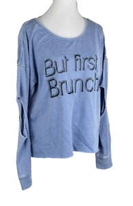 Material Girl Active Cutout Graphic Sweatshirt Top "But First Brunch" Blue XL - Picture 1 of 8