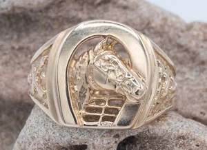 14KT Solid Yellow Gold Horseshoe Horse Ring Equestrian 10.6g Heavy Ring SZ 10.5 - Picture 1 of 9