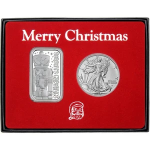 SilverTowne Holiday Nussknacker 1oz .999 Silberbarren & 2025 SAE BU Münze Geschenkset - Bild 1 von 10