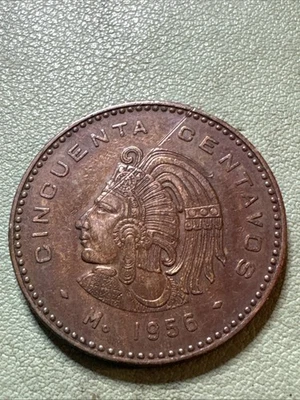 1956 Mexico 50 Centavos Cuauhtemoc  Aztec Warrior Bronze KM 450 AU - Image 1 of 4