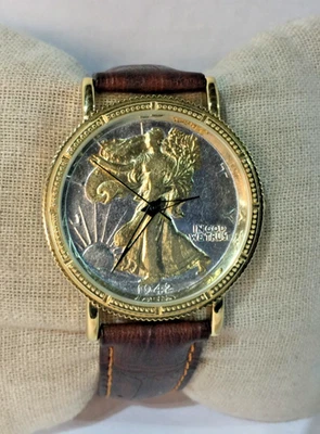 1942 Walking Liberty половина доллара часы коричневый кожаный ремешок новый аккумулятор исторический - Изображение 1 из 4
