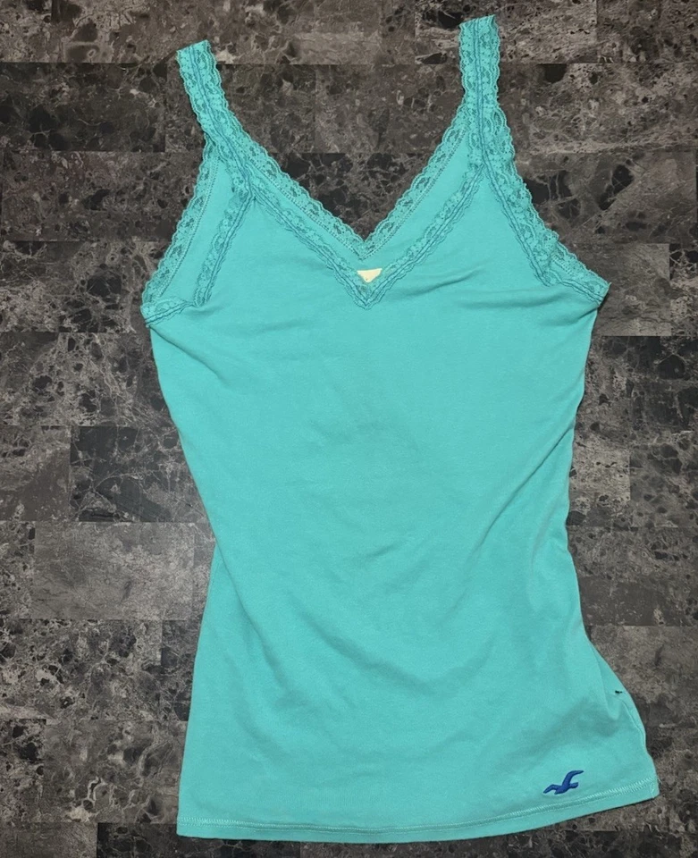 Camiseta sin mangas vintage Hollister con ribete de encaje talla L Babydoll coqueta Y2K azul verdoso Foto 1 de 4