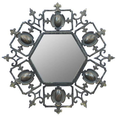 Mid Century Wrought Iron Spanish Revival Fleur de Lis Wall Vanity Mirror 17" Cover