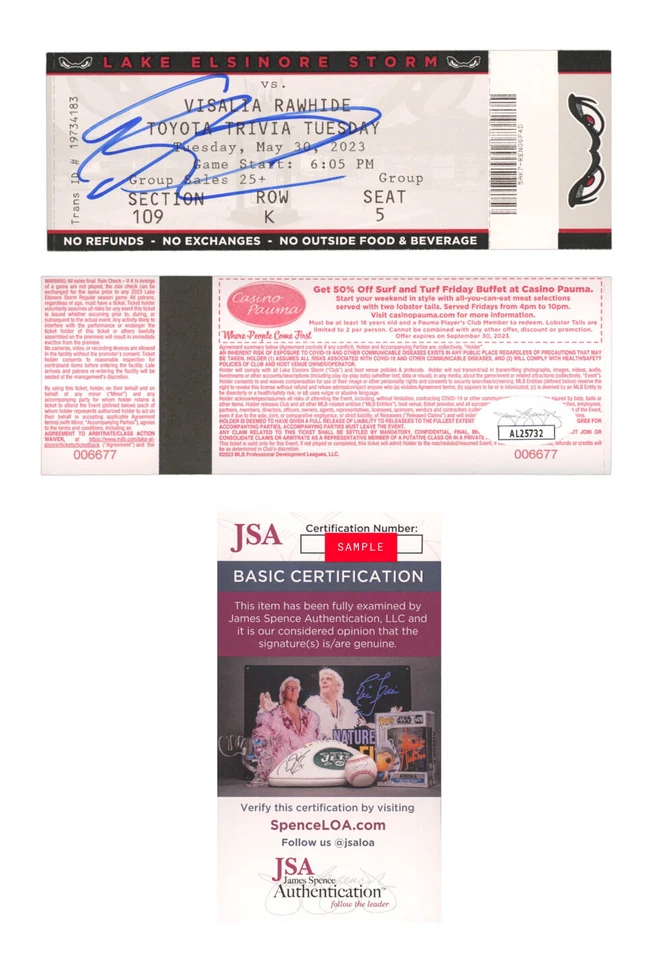 Ethan Salas Signed Auto Pro Debut Full Ticket Stub 5/30/2023 Padres JSA Coa - Image 1 of 1