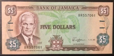 1989 JAMAICA PAPER MONEY - 5 DOLLARS BANKNOTE! - Image 1 of 2