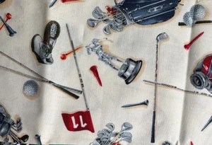 Golf Theme Cotton Fabric - Cream & Gray - 18" x 21" Wide -Bags Tees Trophies - Picture 1 of 1