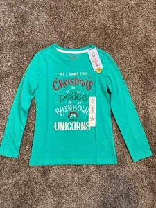 NWT Cat And Jack Girls Long Sleeve Top Peace Rainbow Unicorn Holiday 6X - Picture 1 of 7