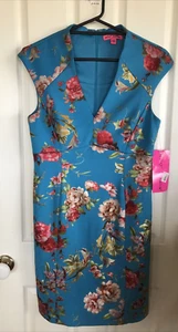 Betsey Johnson Sheath Dress Womens Size 6 Blue Metallic Flowers Stretch New Tags - Picture 1 of 14