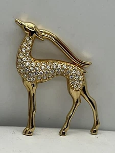 Vintage Swarovski Signed Gazelle Brooch Swan Logo. Gold Tone Pave Crystals - Picture 1 of 4