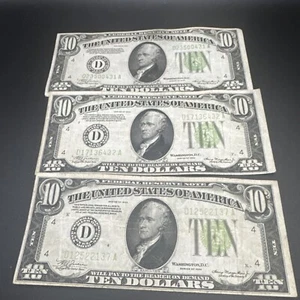 3 Light Green Seal 1934 Series D $10 Ten Dollar Bill - Picture 1 of 10